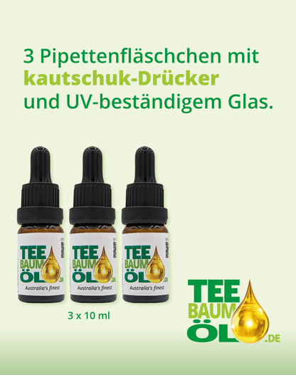 Teebaumöl 3x10 ml Pipettenfläschen mit Kautschuk-Pipettenspitze und UV-beständigem Glas